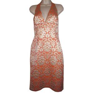 David Meister Orange With Metallic Floral Brocade Print Silk With A Halter Top